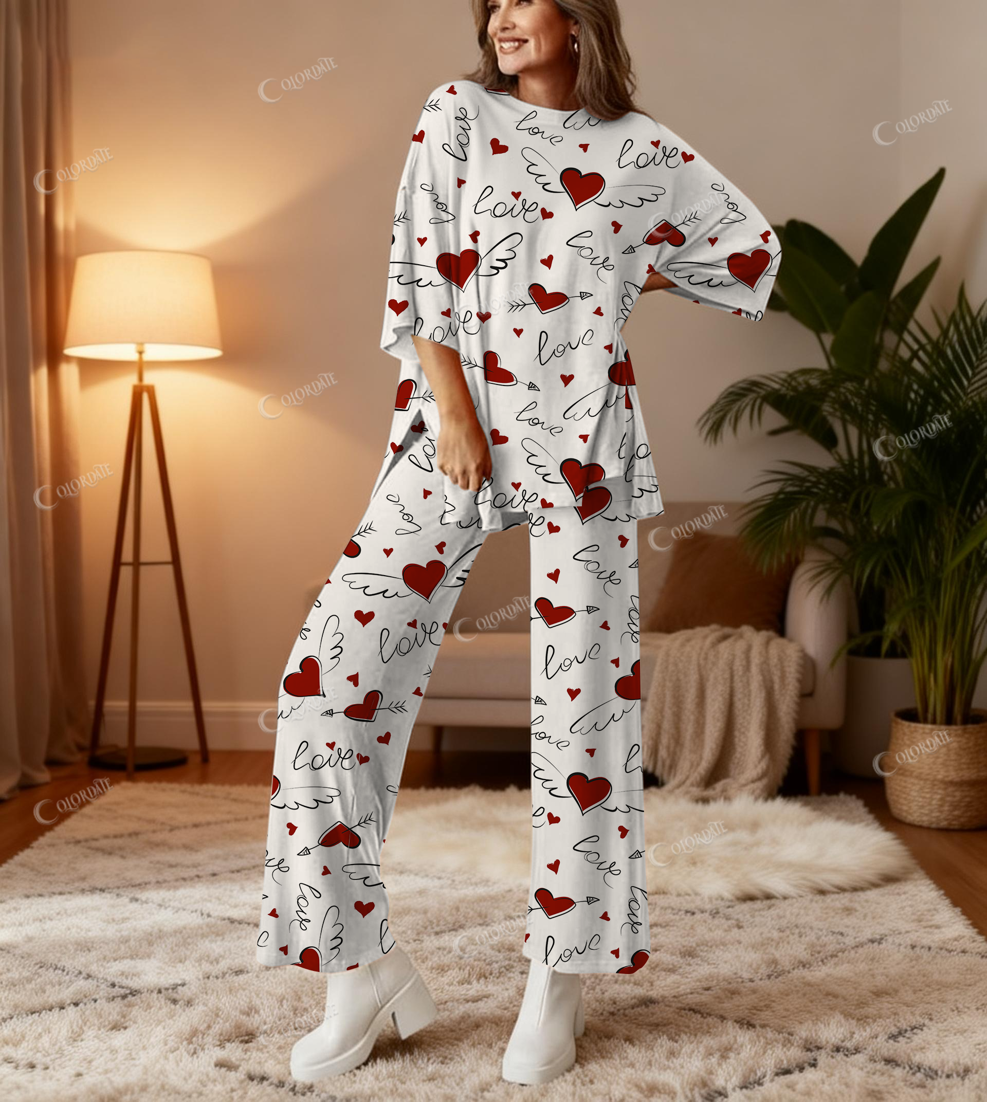 Love And Heart Print Bow Bamboo-Soft Lounge Set Pants
