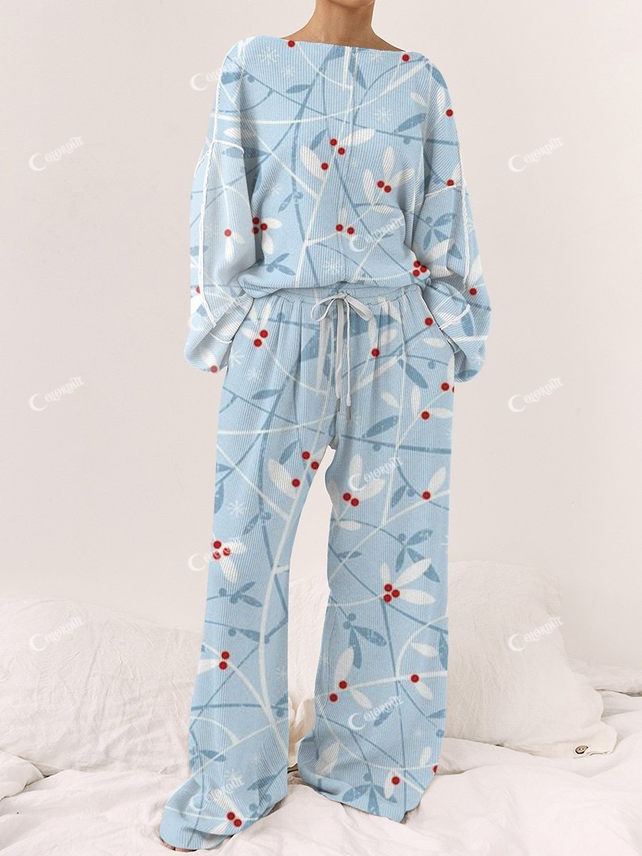 Women's Blue Botanical Art Printed Lounge Long Sleeve Suit