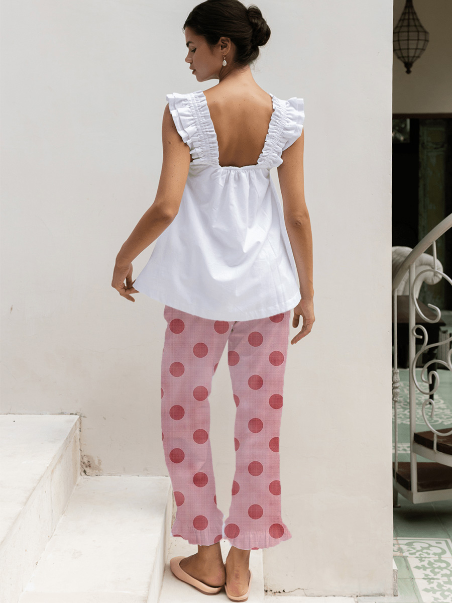 White & Pink Floral Embroidered Tank Top Pajama Set
