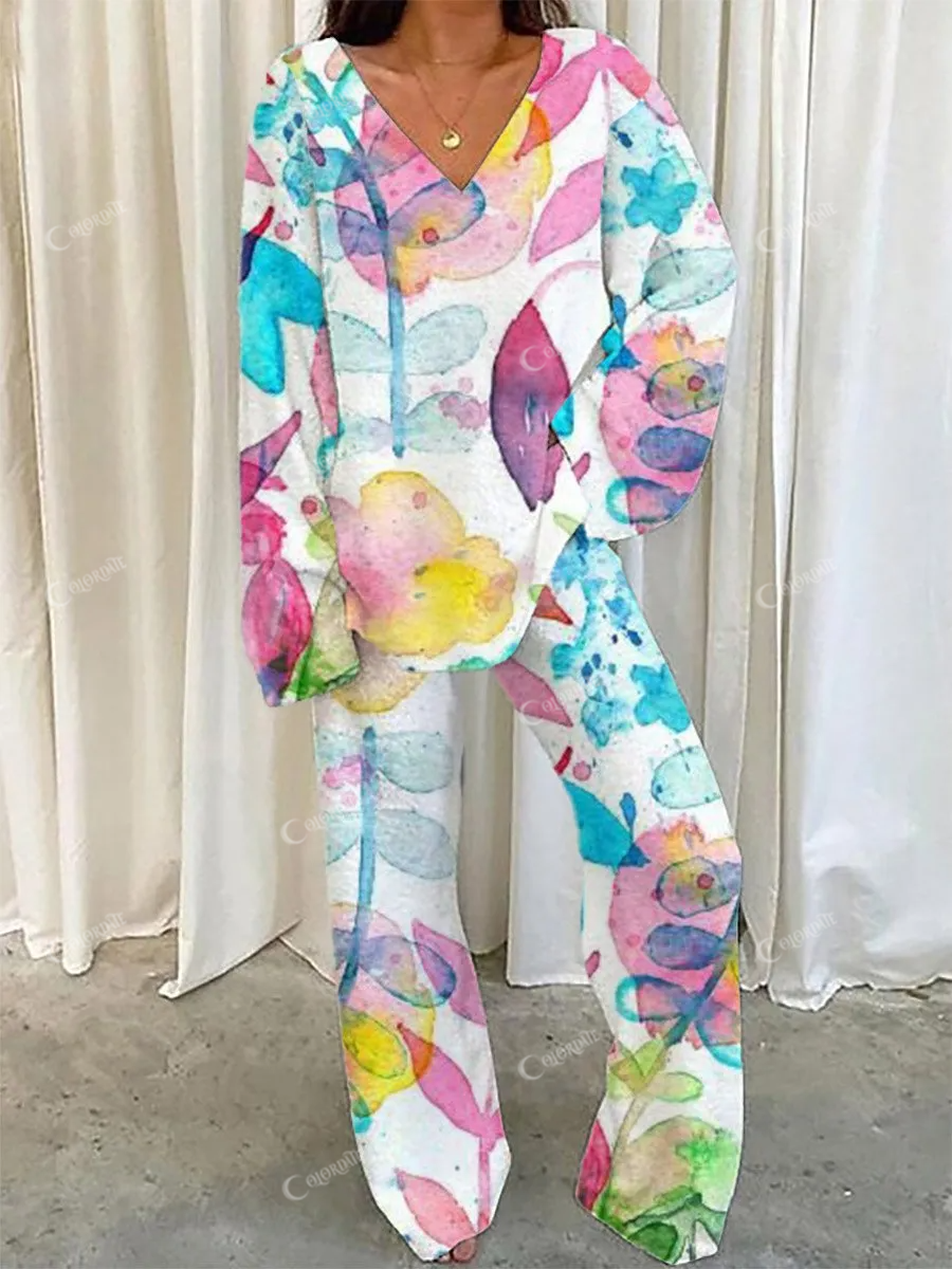 Women's Colorful Watercolor Botanical Pattern V-Neck Long Sleeve Pants Suit
