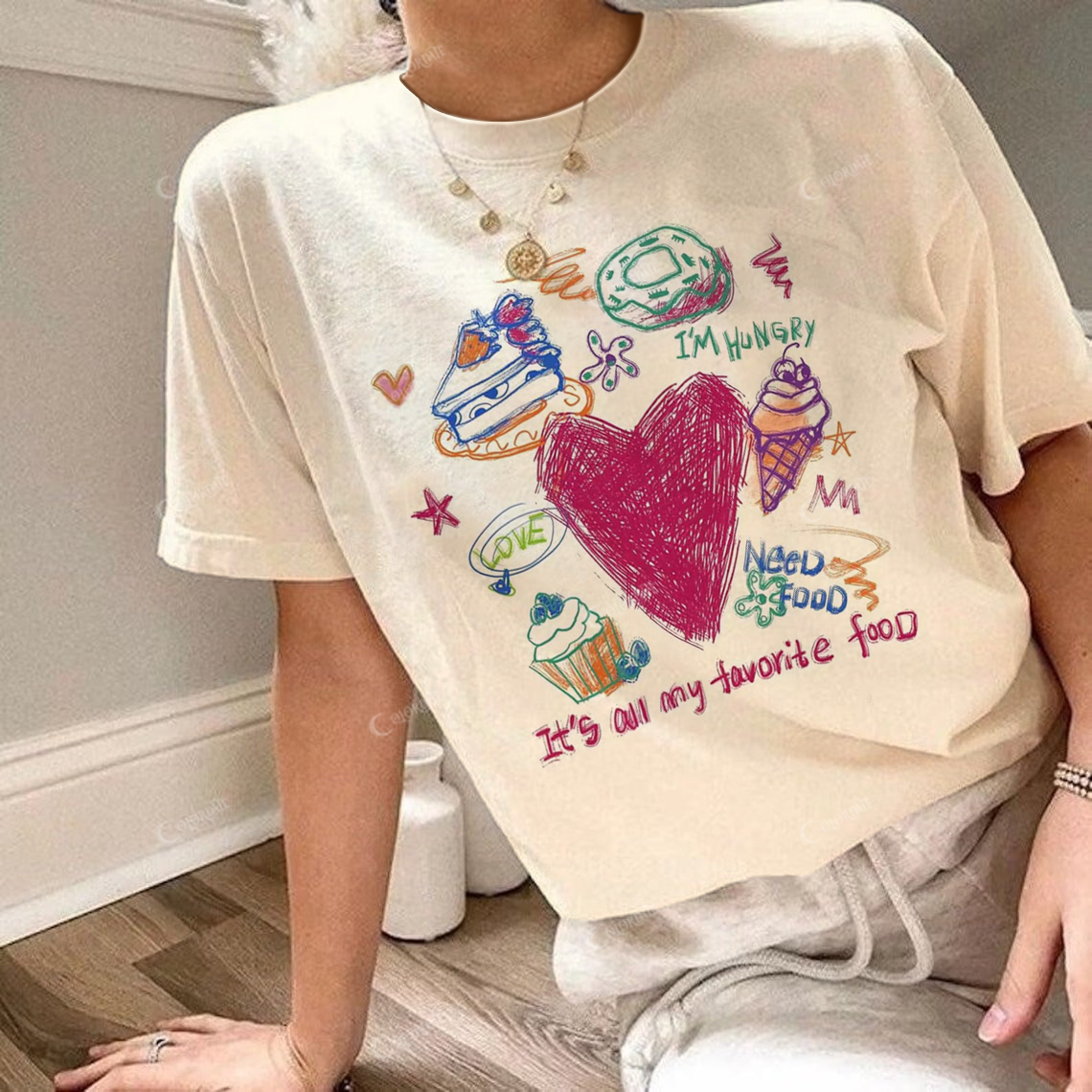 Women's All My Favorite Food Print Round Neck Short Sleeve Tee