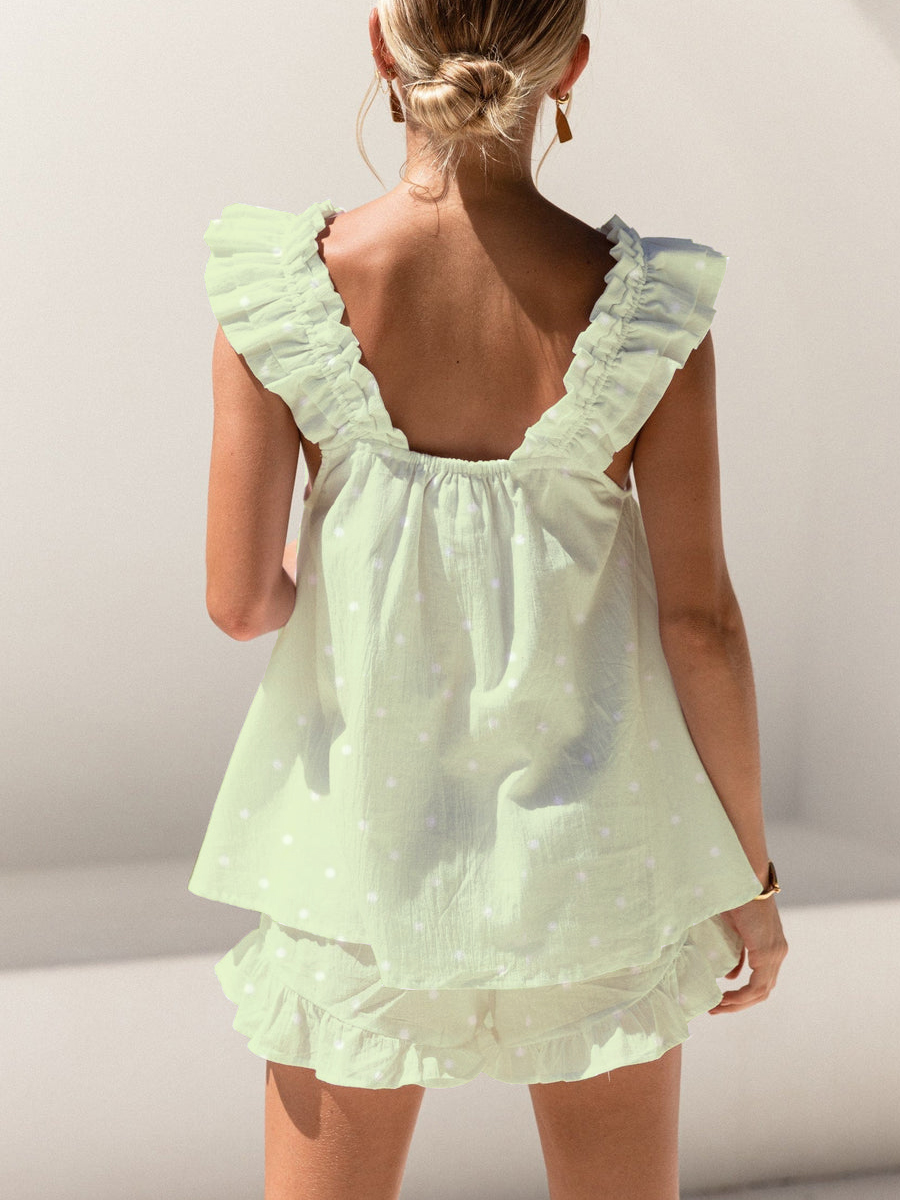 Green Polka Dots And Flowers Print Ruffled Trim Short Tank Top Shorts Pajama Set