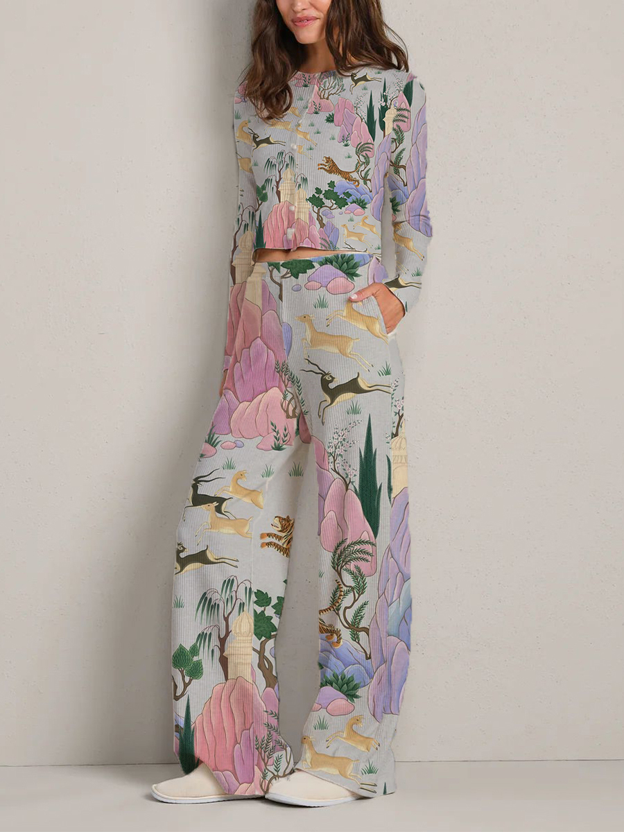 Colordate Women's Paisley Pattern Print Long Sleeve Suit