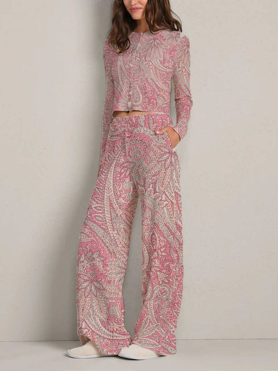 Colordate Women's Pink Pajamas with Paisley Pattern Long Sleeve Suit