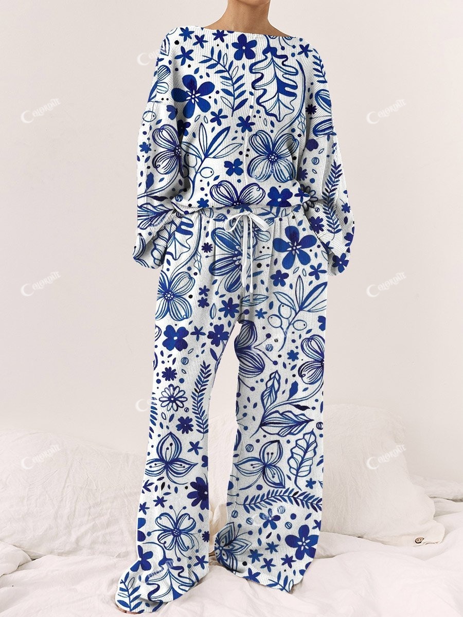 Women's Blue Artistic Floral Printed Lounge Long Sleeve Suit