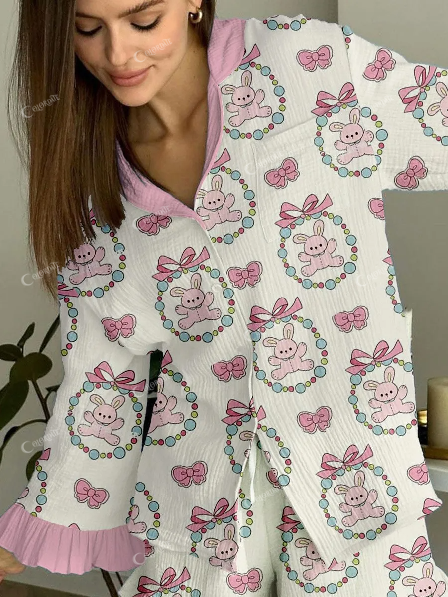 Women's Pink Bow Cute Animal Art Painting Printed Home Long Sleeve Suit
