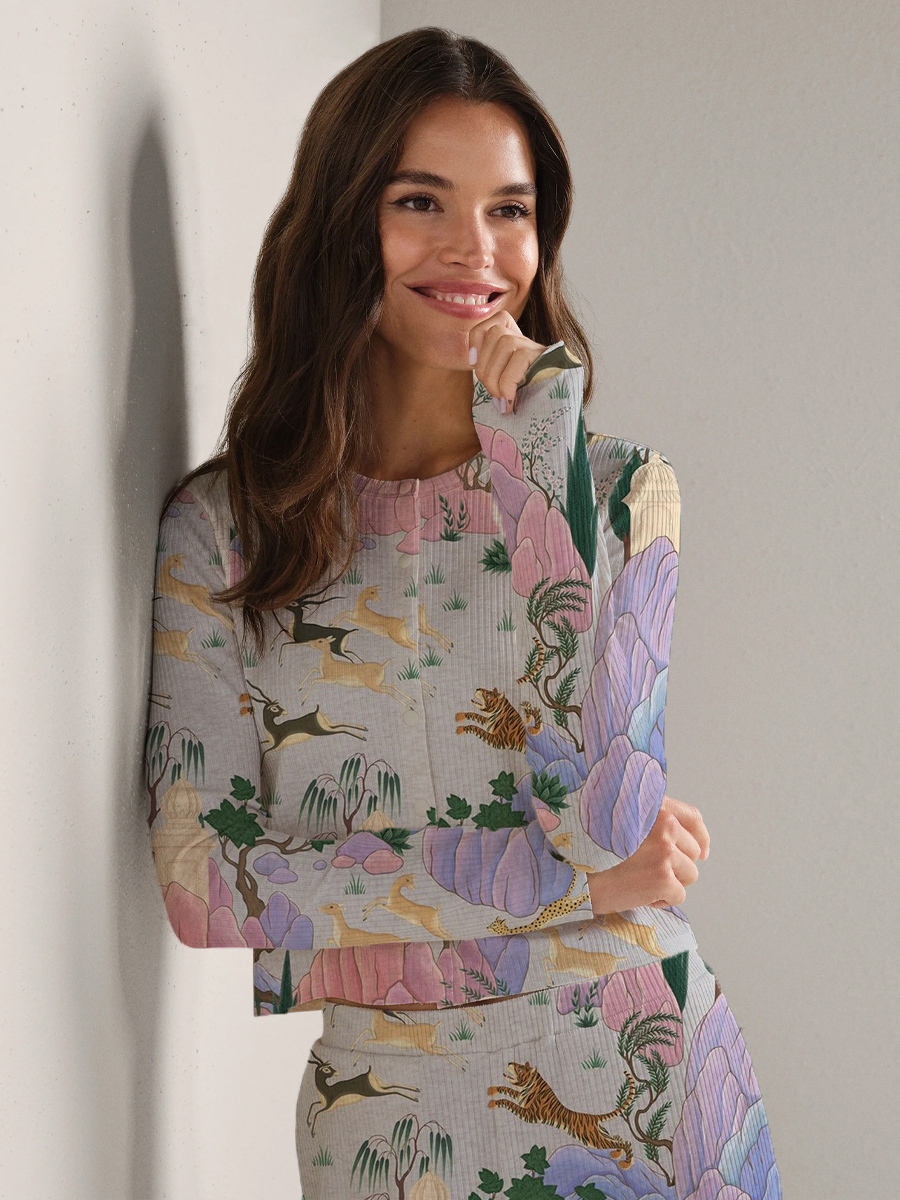 Colordate Women's Fantasy Forest Animal Print Long Sleeve Suit