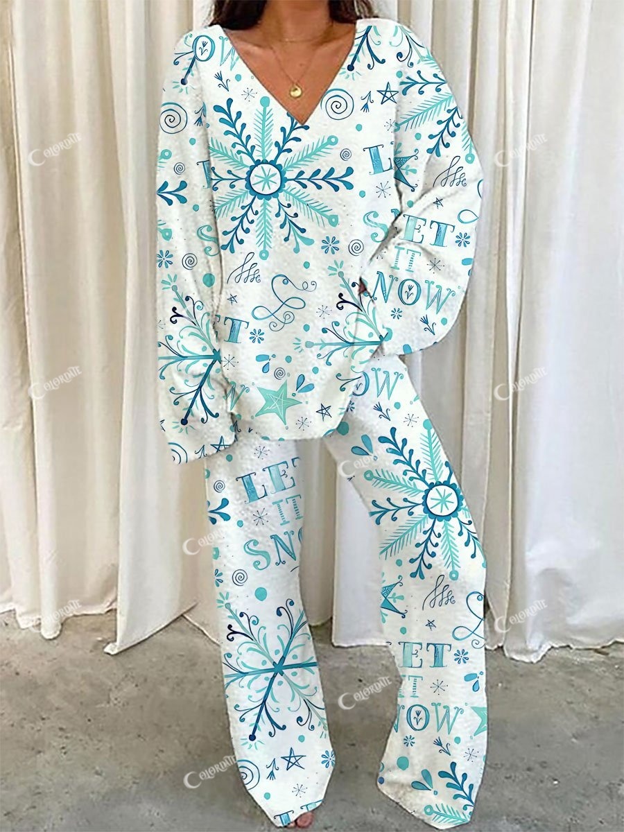 Women's Christmas Blue Snowflake Print V-Neck Long Sleeve Suit