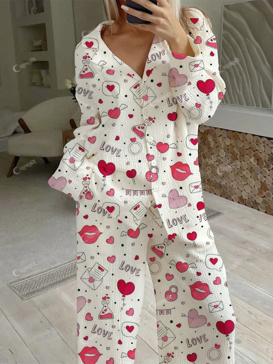 Women's  Valentine's Day Pink Love Lips Printed Casual Homewear Set