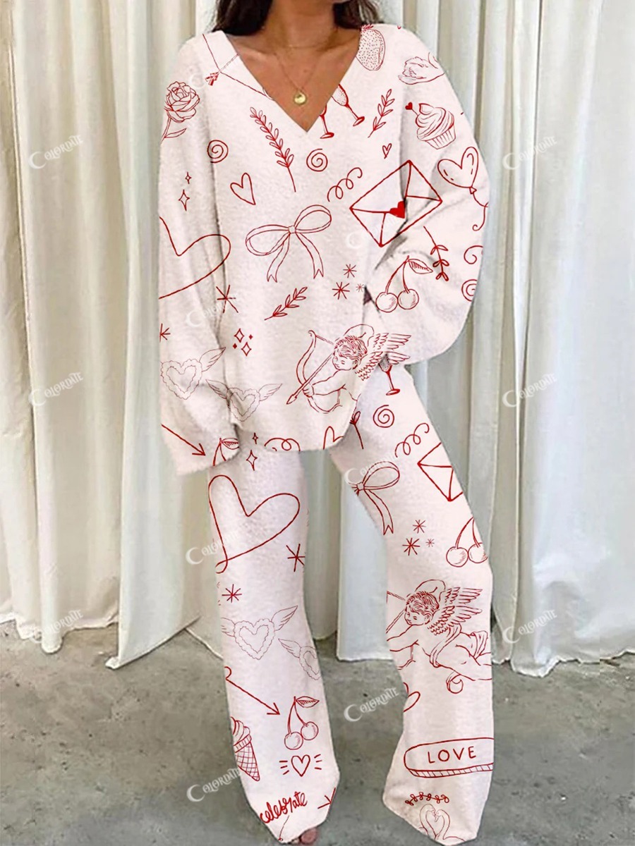 Women's Pink Cartoon Fun Print Home V Neck Long Sleeve Suit