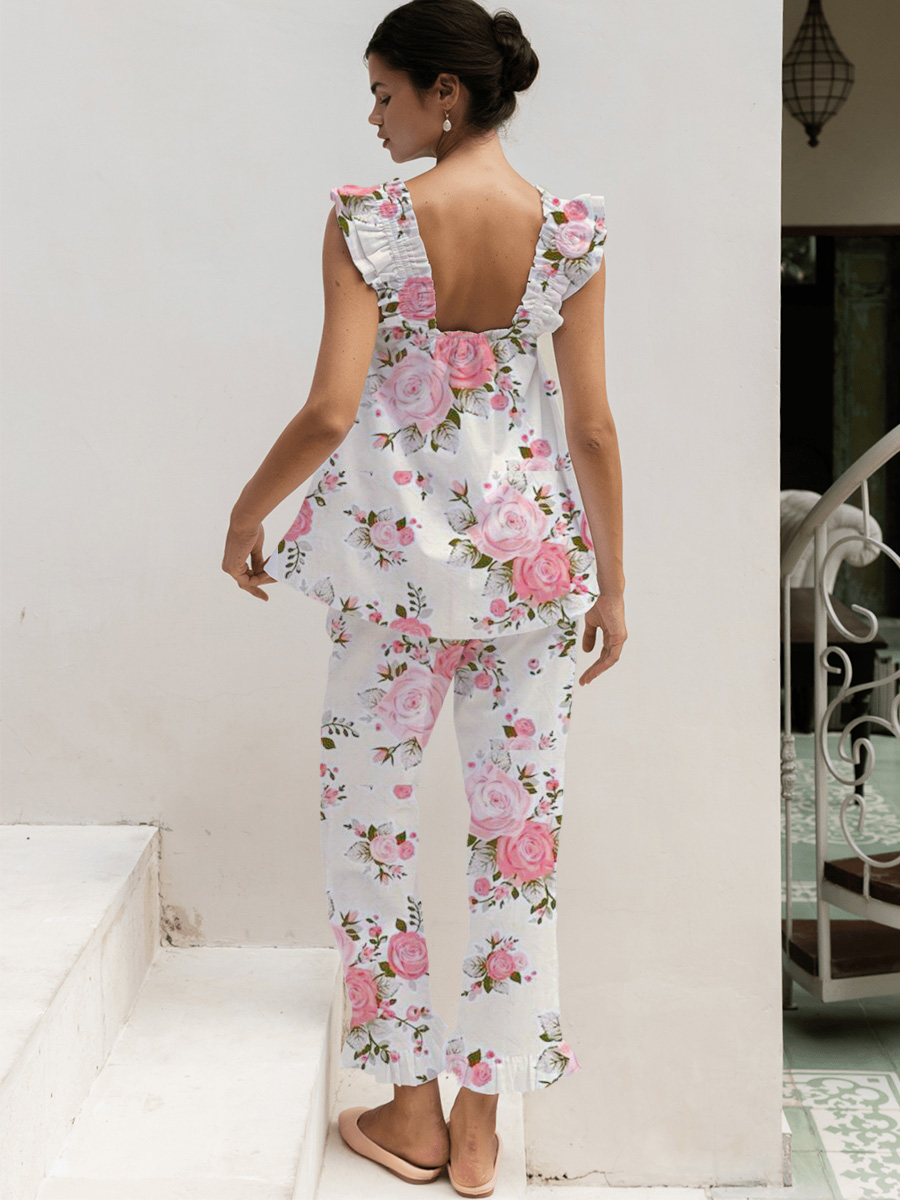 White & Pink Floral Embroidered Tank Top Pajama Set