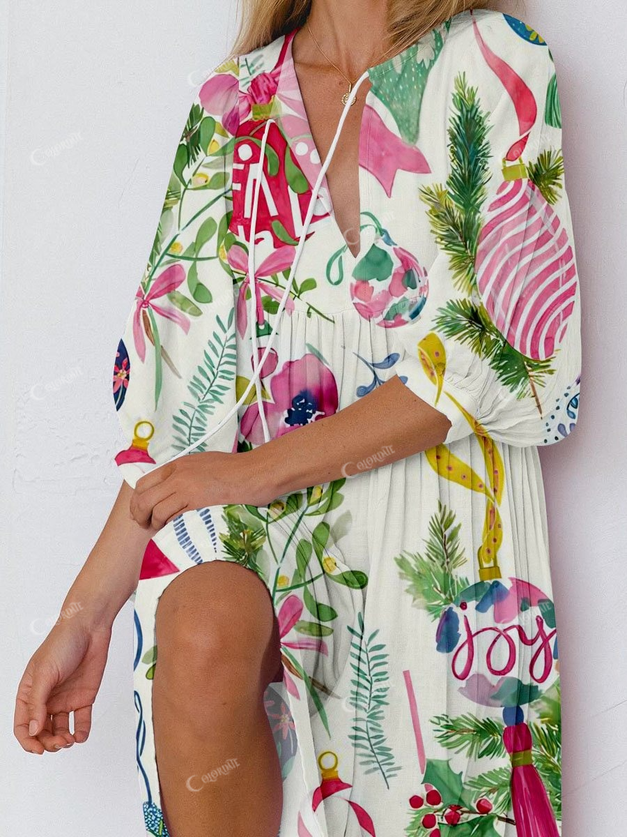 Women's Vintage Christmas Lights Watercolor Print Long Sleeve Dress