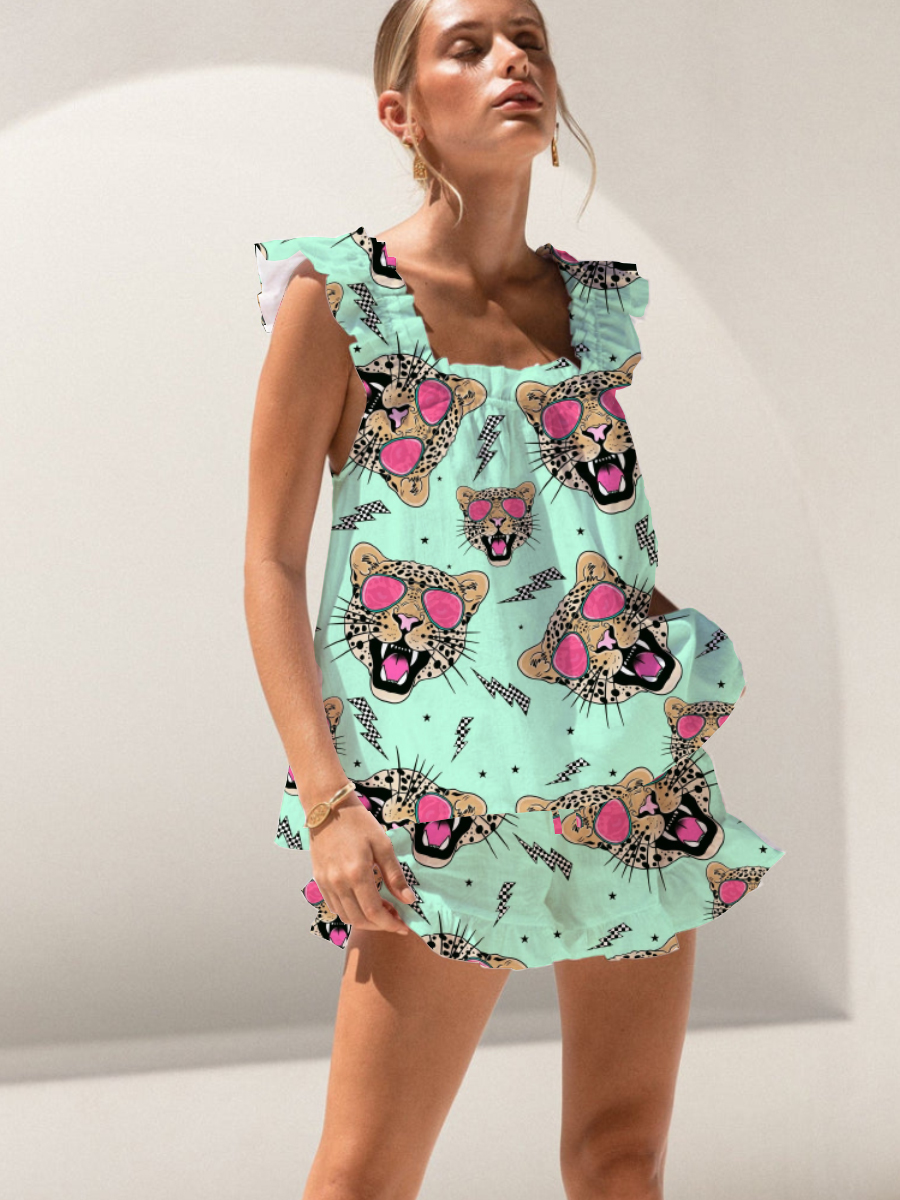 Rock Tiger Print Ruffled Trim Short Tank Top Shorts Pajama Set