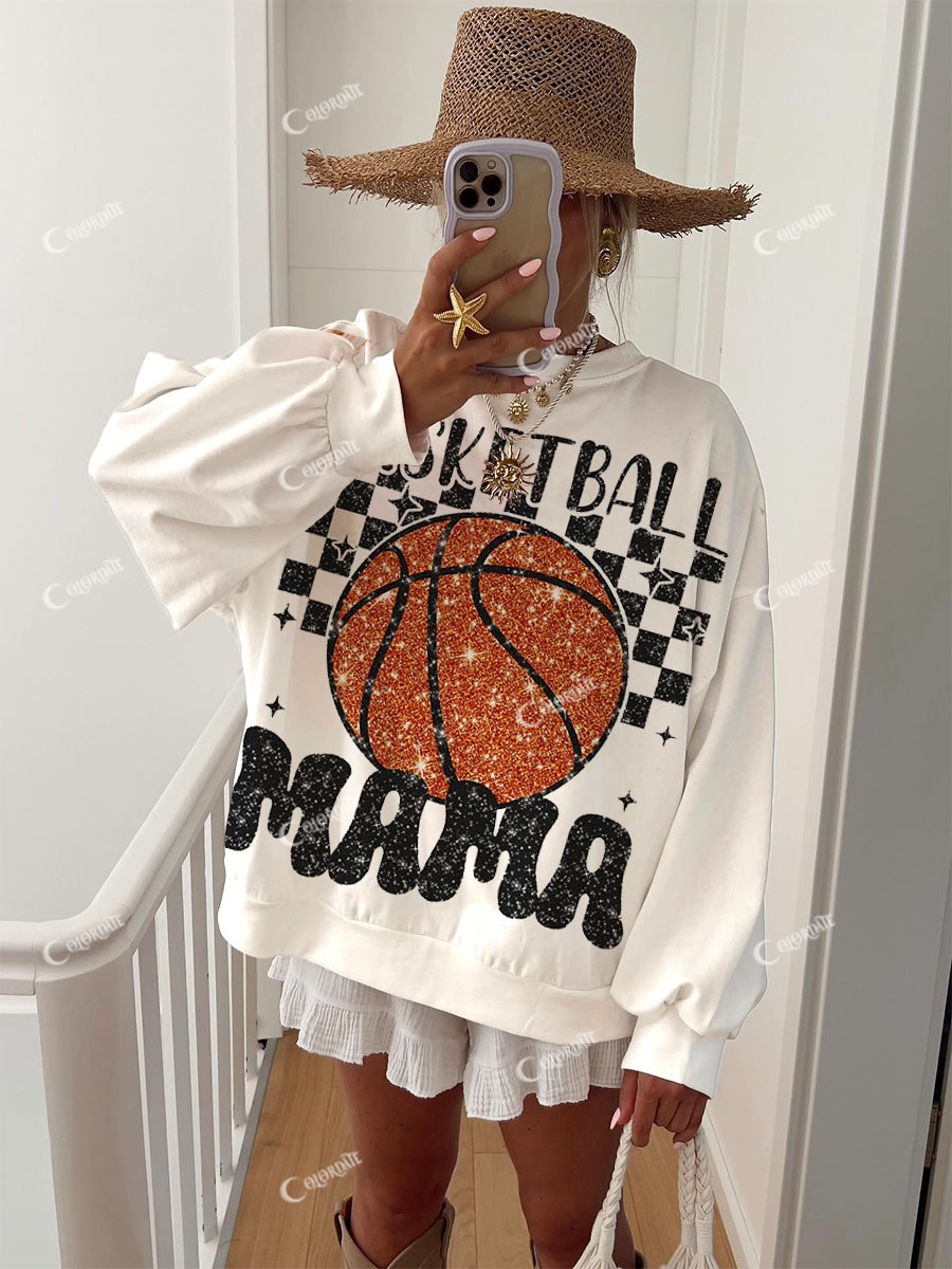 Women's Glitter Basketball Mom Print Crew Neck Sweatshirt