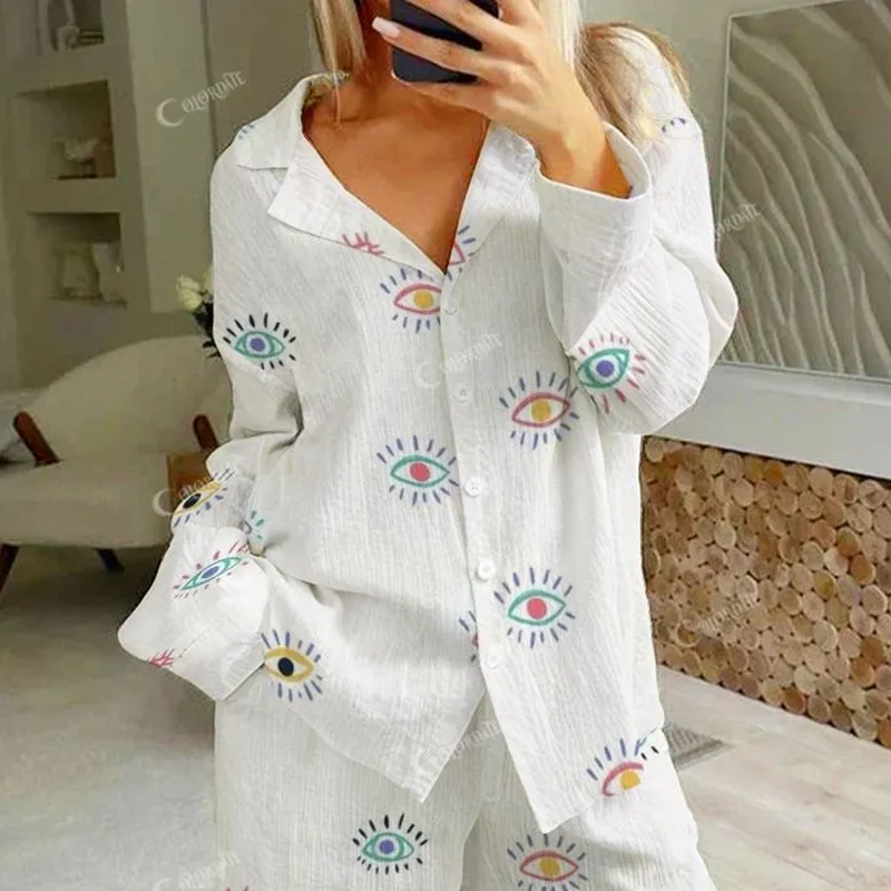 Women's Fun Cartoon Abstract Colorful Eye Print Cotton Cardigan Homewear Set