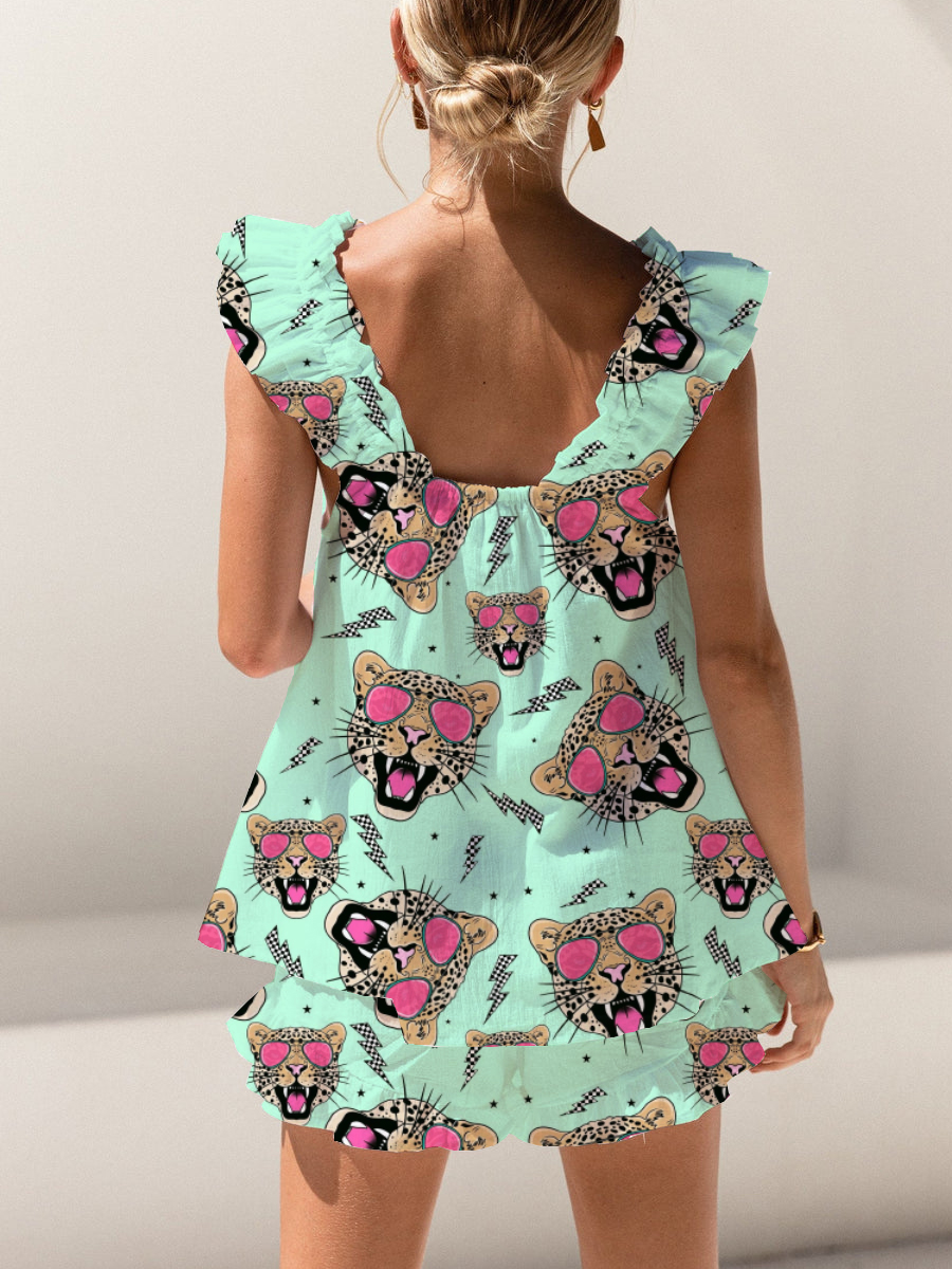 Rock Tiger Print Ruffled Trim Short Tank Top Shorts Pajama Set