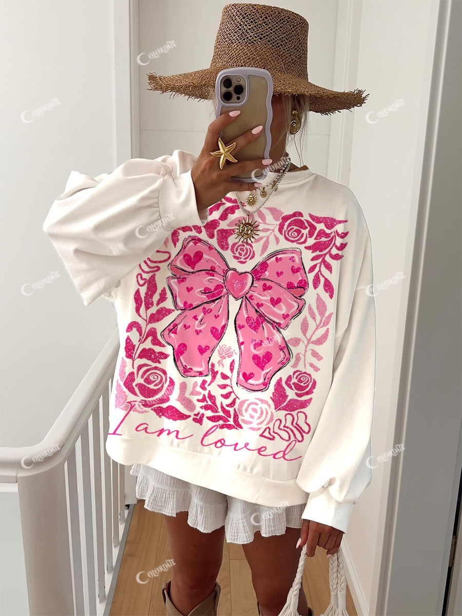 Women's Valentine's Day Pink Bow and Rose Lover Print Crew Sweatshirt