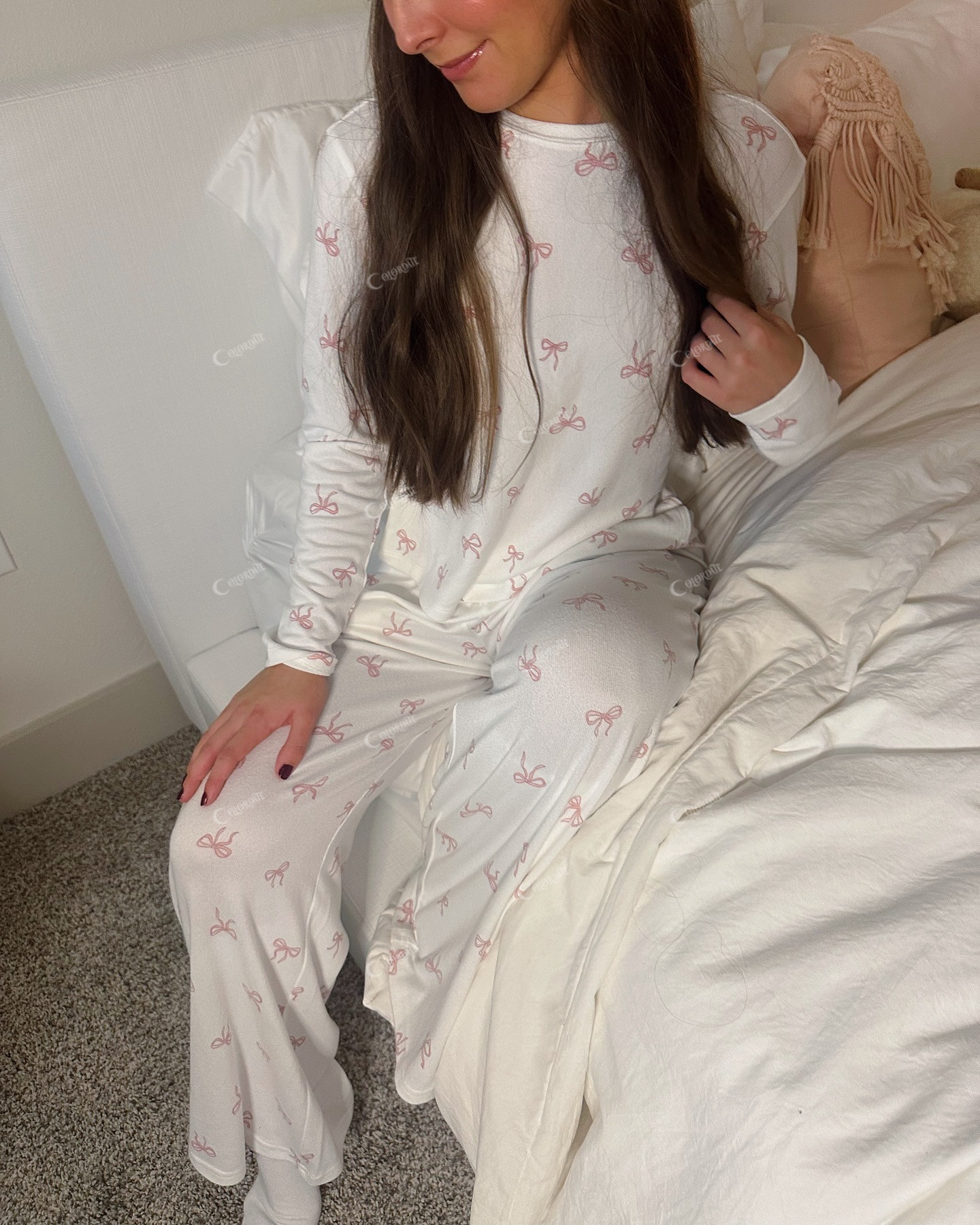 Women's Pink Bow Print Cotton Cardigan Homewear Set