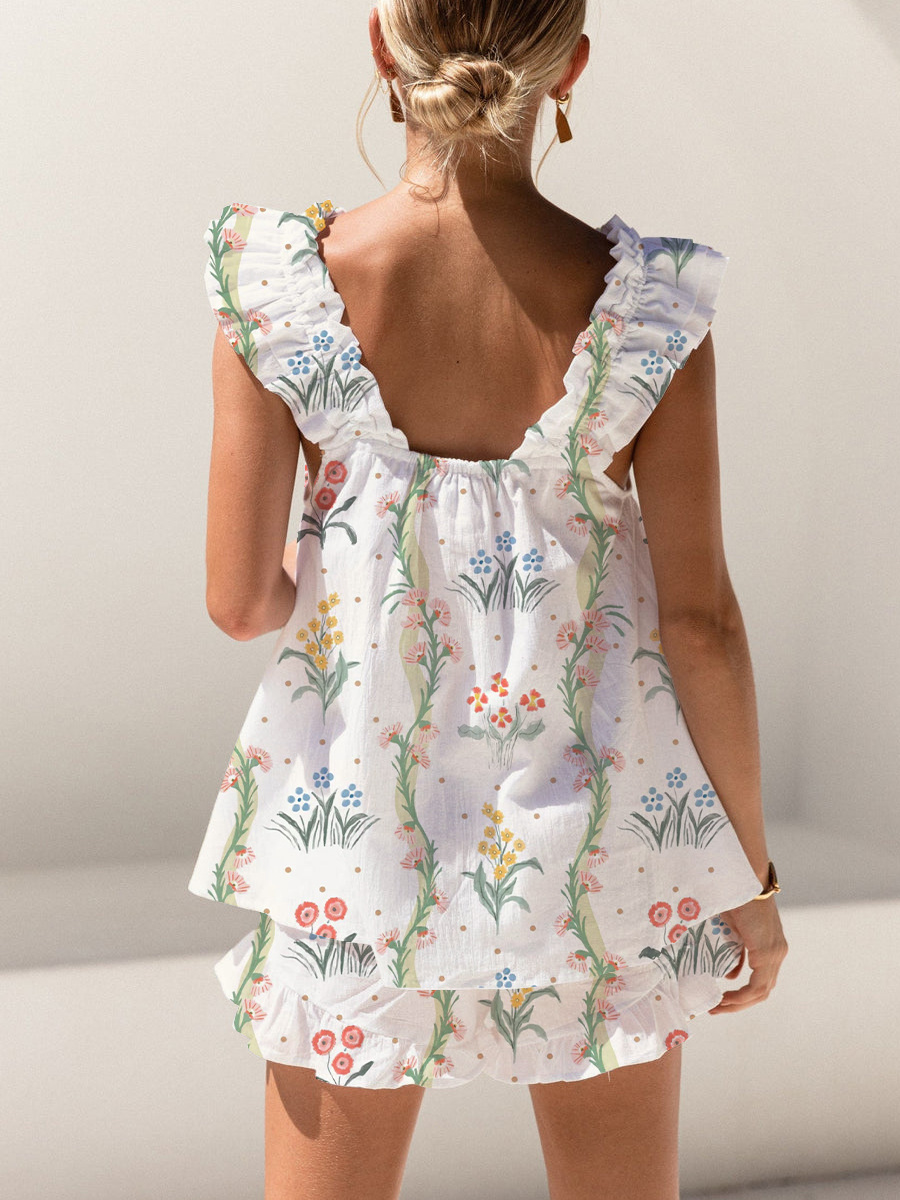 Fresh Style Flowers And Plants Print Ruffled Trim Short Tank Top Shorts Pajama Set