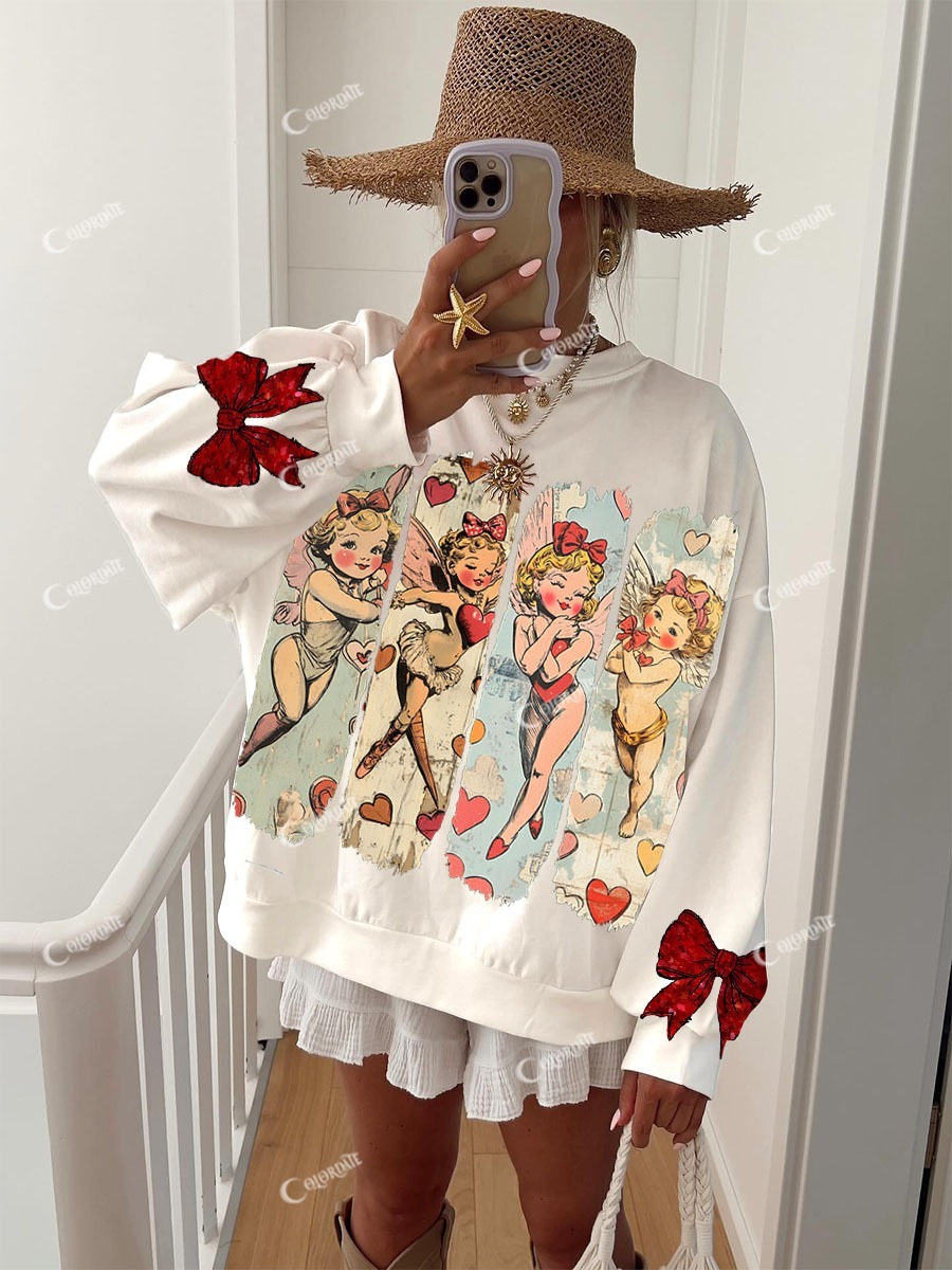 Women's Red Glitter Bow Valentine's Day Print Sweatshirt