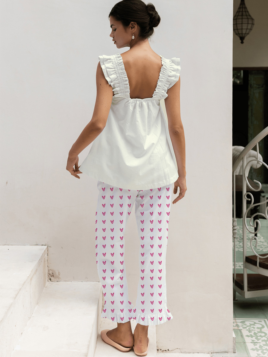 White & Pink Floral Embroidered Tank Top Pajama Set