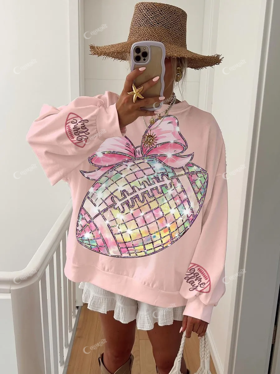 Women's Pink Football Bow Print Crewneck Sweatshirt