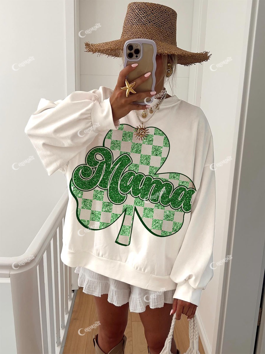 Women's Glitter Green St. Patrick's Mom Print Crew Sweatshirt