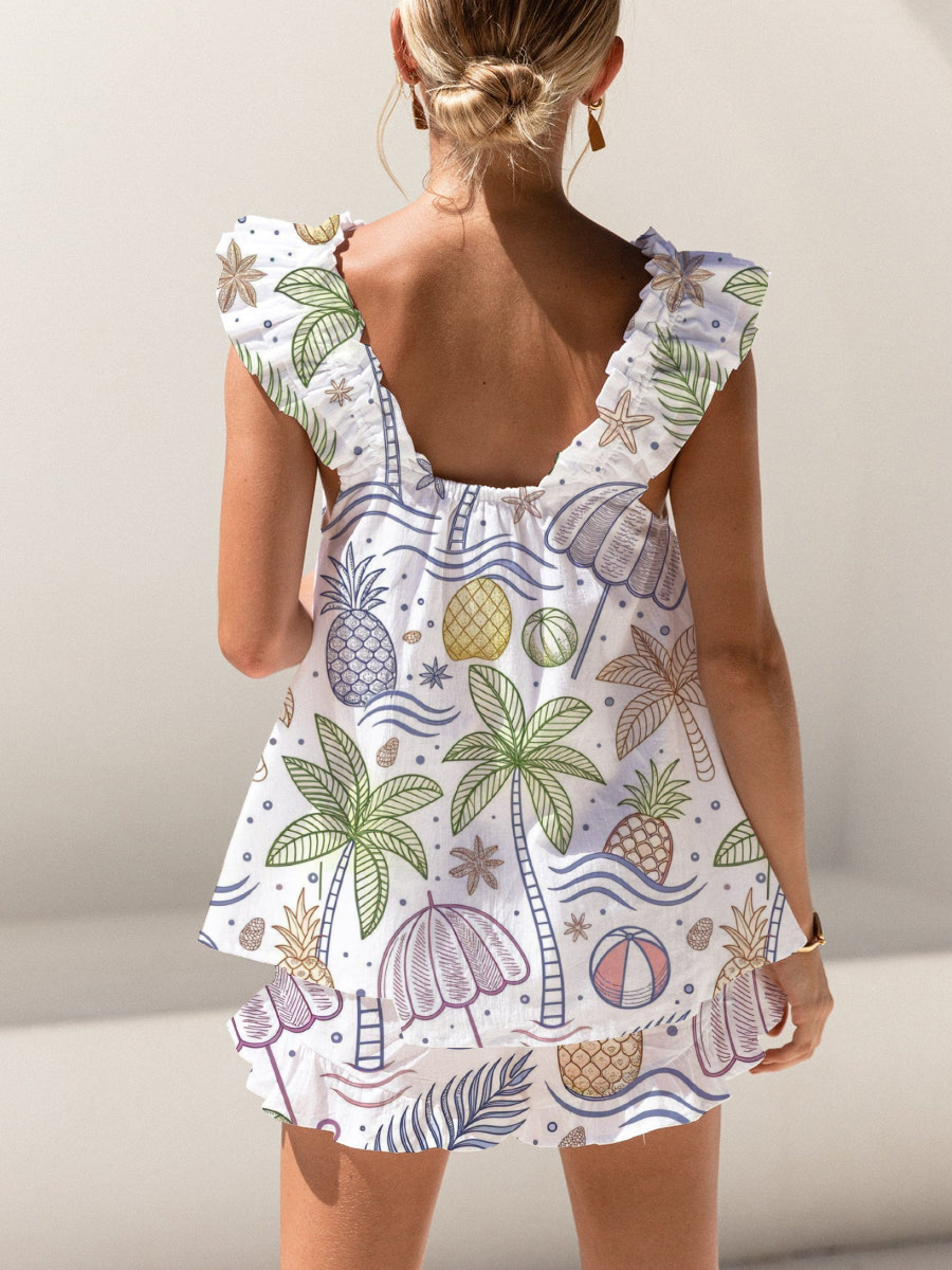 Summer Coconut Tree Pineapple Print Ruffled Trim Short Tank Top Shorts Pajama Set