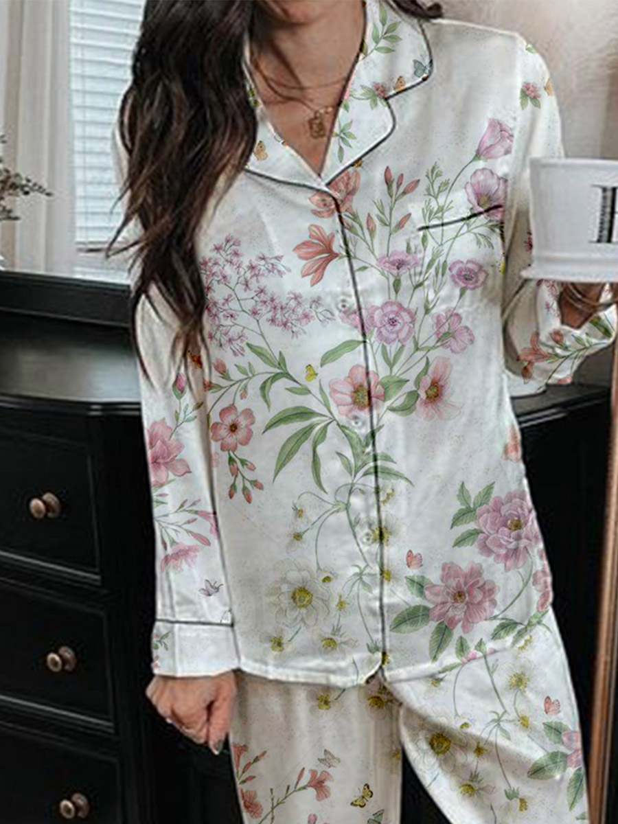 Women's Elegant Floral Pattern Long Sleeve Pants Set