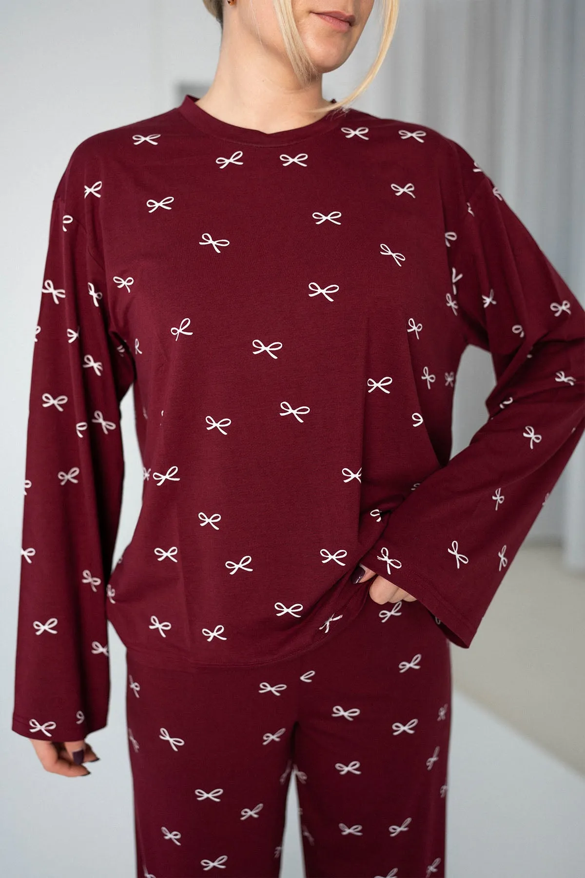 Bows Print Red Pajama Sleep Set