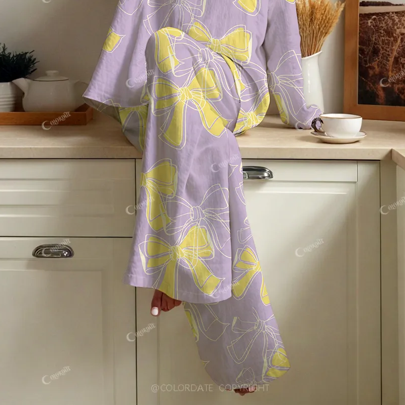 Colordate Women's Yellow Line Bow Print Cotton Cardigan Homewear Set