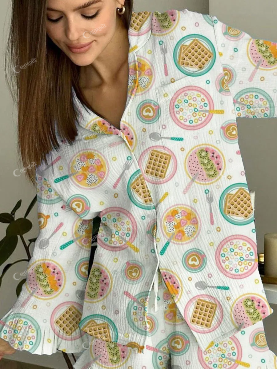 Women's Fun Baking Kitchen Pattern Ruffled Long Sleeve Pants Set