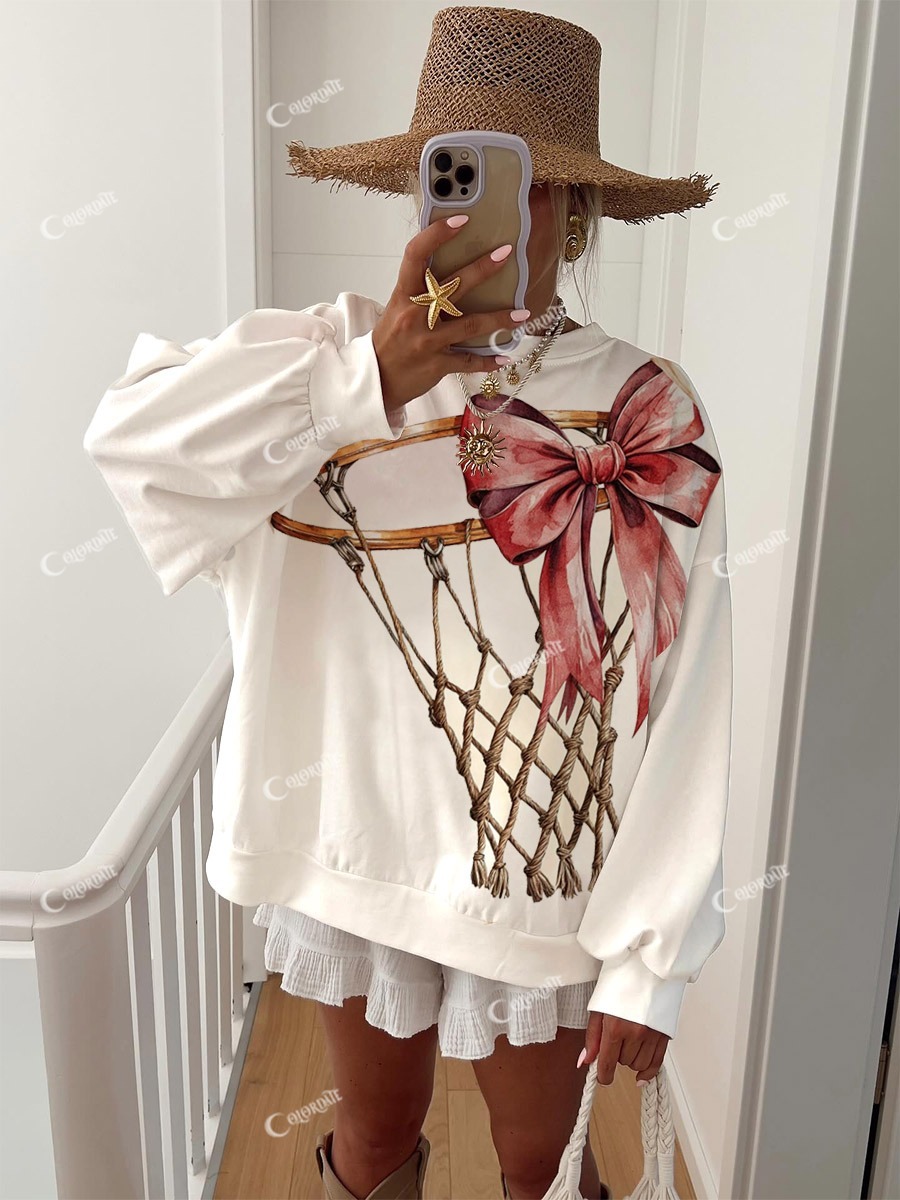 Women's Pink Bow Basketball Frame Print Crew Neck Sweatshirt