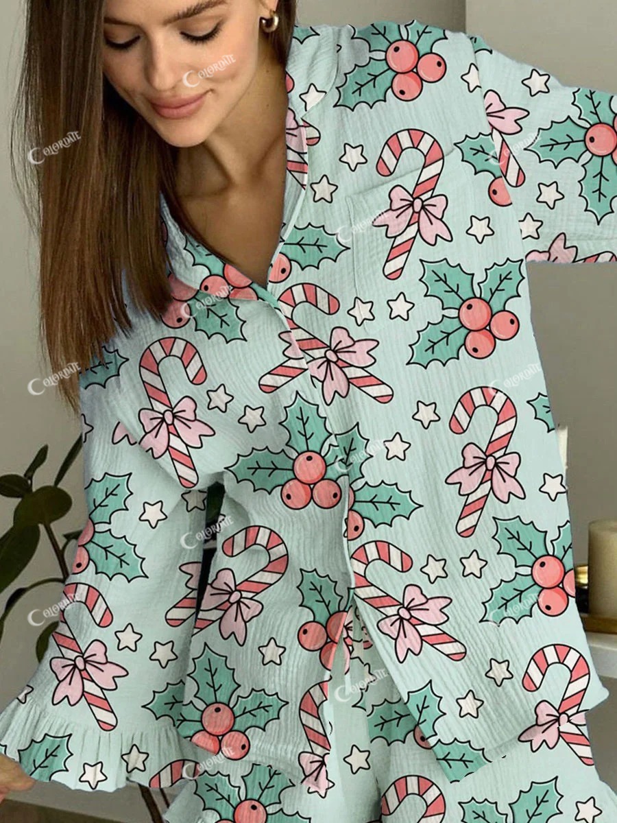 Women's Christmas Cute Candy Cane Holly Pattern Ruffle Long Sleeve Pants Set