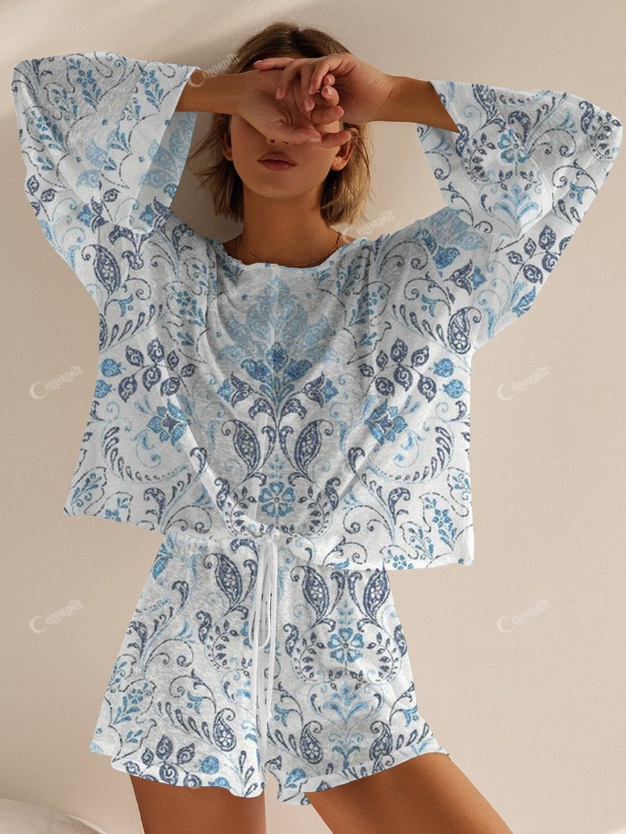 Women's Bohemian Blue Long Sleeve Shorts Pajama Set