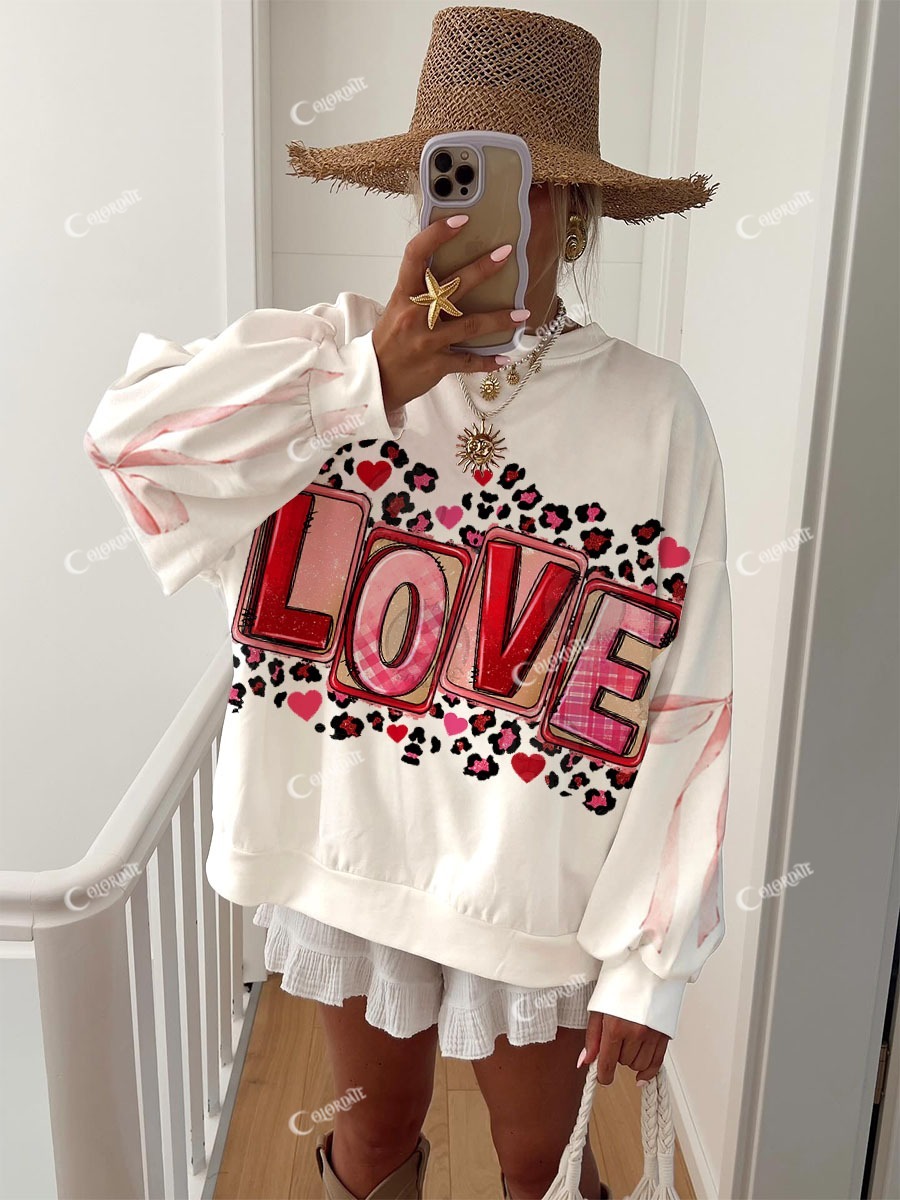 Women's Valentine's Day Leopard Print Heart Crew Neck Sweatshirt