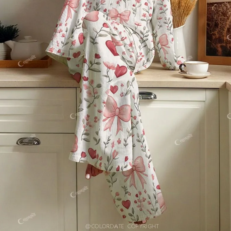 Women's Valentine's Day Flower Bow Heart Colorblock Print Cotton Cardigan Homewear Set