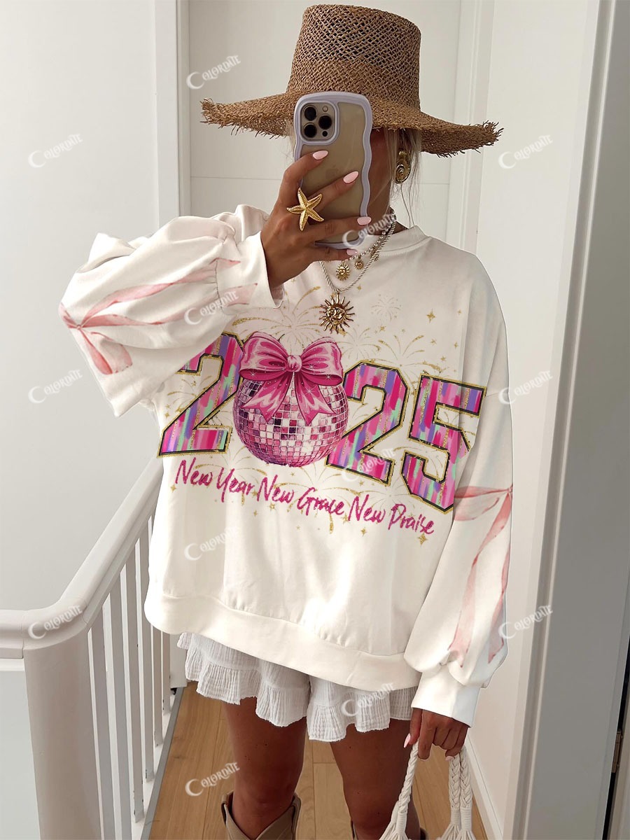 Women's Glitter Pink Bow Happy New Year Printed Crew Neck Sweatshirt