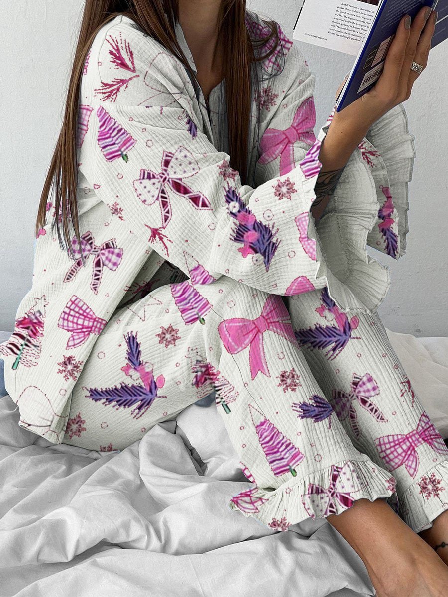Women's Pink Bow Christmas Tree Printed Home Long Sleeve Suit