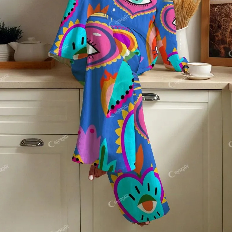 Colordate Women's Eyes And Love Print Cotton Cardigan Homewear Set