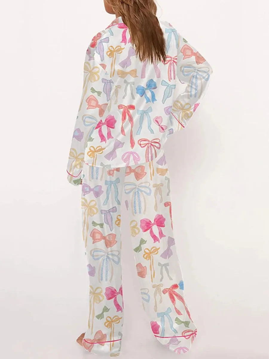 [Copy]Women's Lapel Colorful Bow Tie Print Long Sleeve Pajama Set