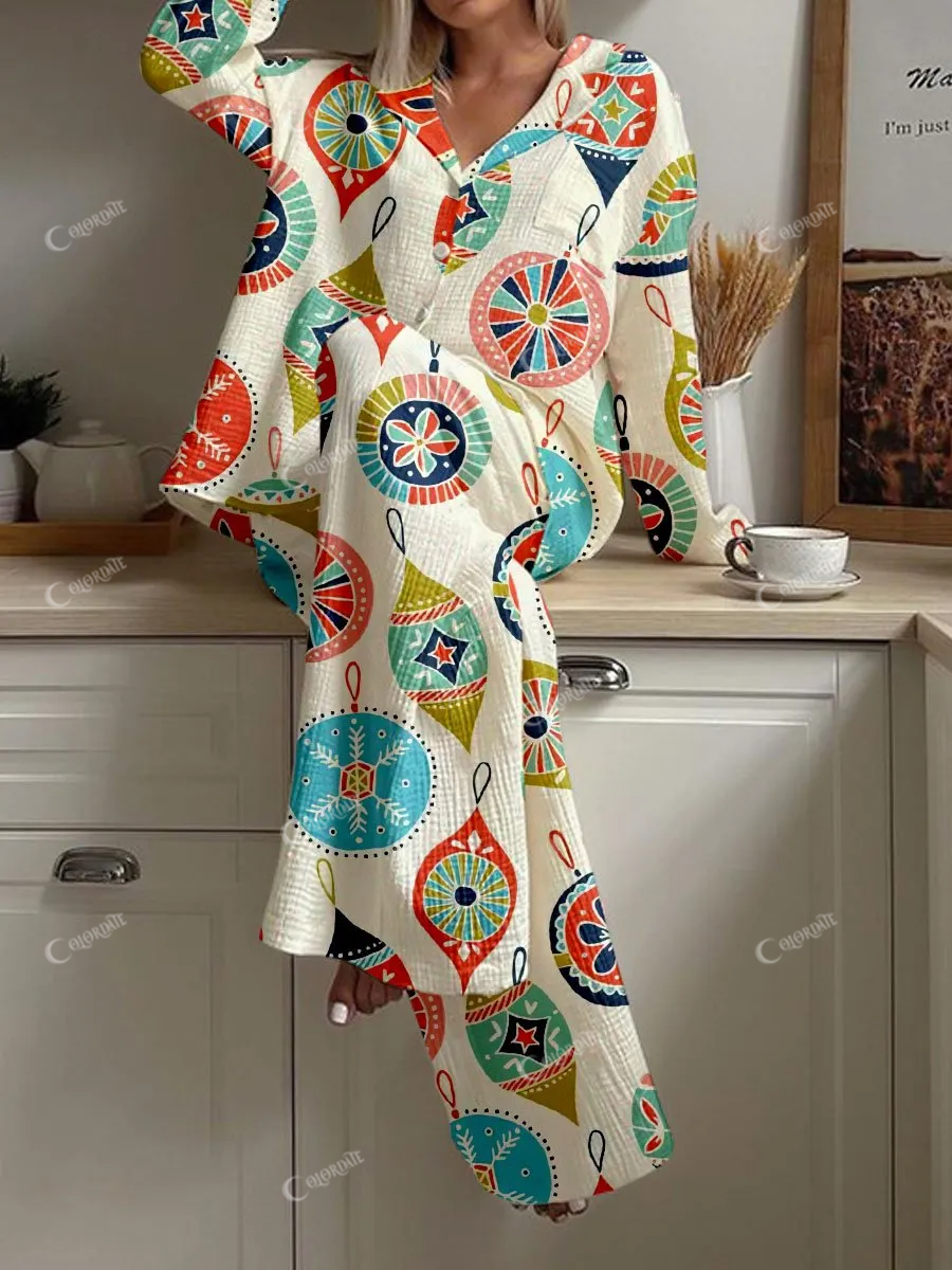 Women's Simple Christmas Lights Printed Cotton Cardigan Homewear Set