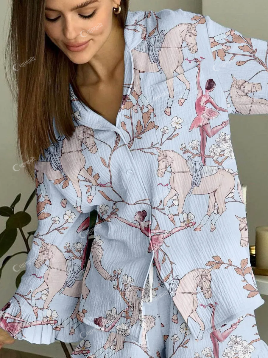 Women's Blue Ballet Horse Floral Print Cardigan Ruffled Home Set