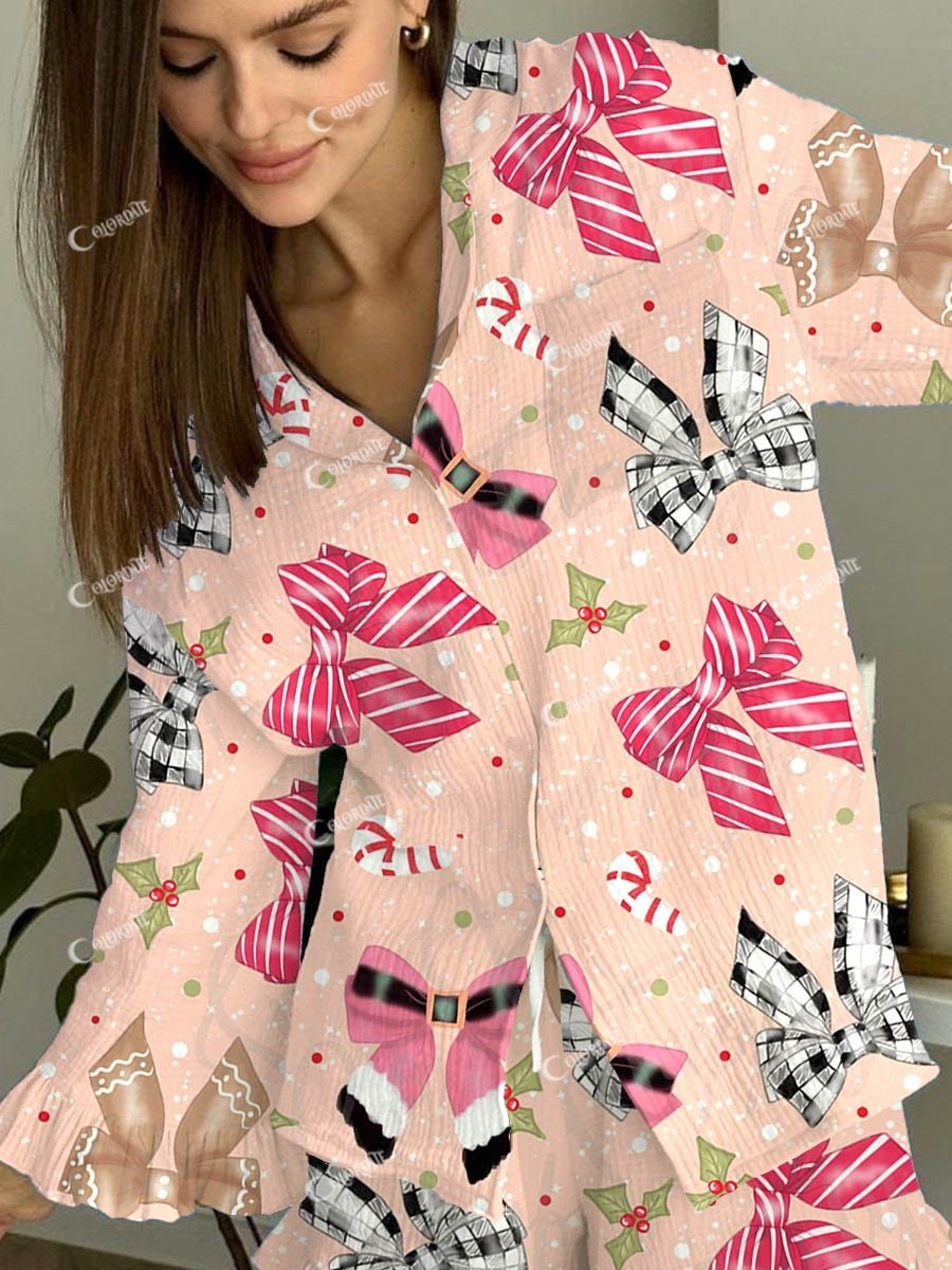 Women's Christmas Bow Ruffles Fairy Pink Pajama Set