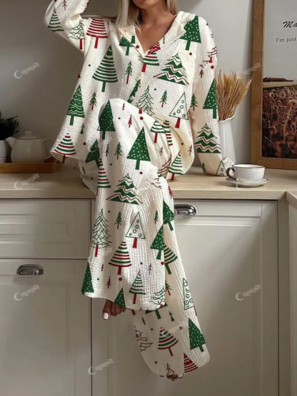 Women's Christmas Tree Art Painting Printed Home Long Sleeve Suit
