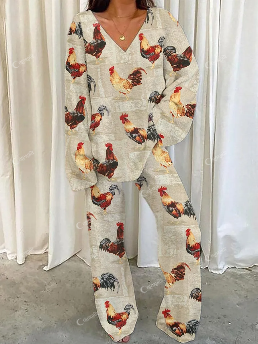 Women's Farmhouse Fun Animal Print Home Long Sleeve Suit