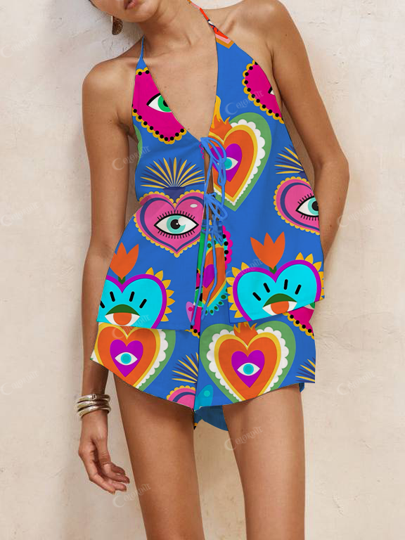 [Copy]Human Face Of The Sun Print Halter Neck Tie-Up Top And Shorts Suit