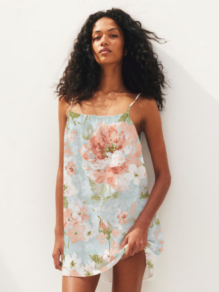 Women's Watercolor Flowers Printed Mini Nightdress