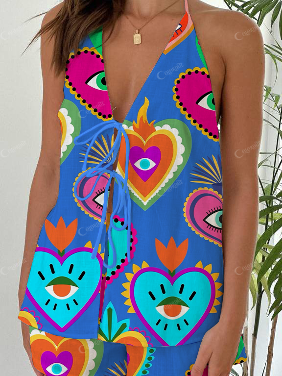 [Copy]Human Face Of The Sun Print Halter Neck Tie-Up Top And Shorts Suit