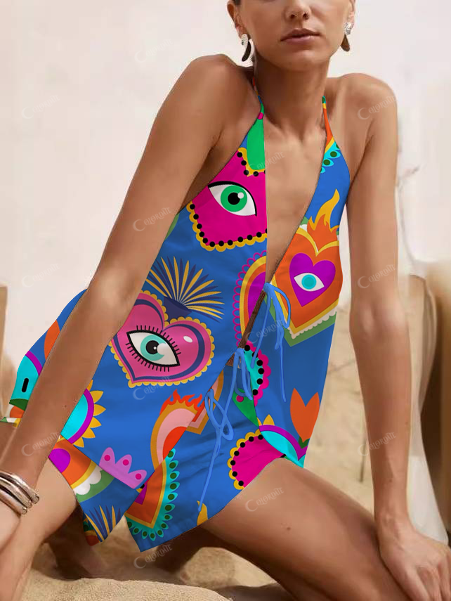 [Copy]Human Face Of The Sun Print Halter Neck Tie-Up Top And Shorts Suit